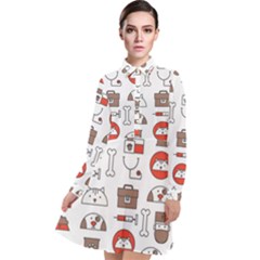 Vector Thin Line Art Vet Seamless Pattern Long Sleeve Chiffon Shirt Dress by Simbadda