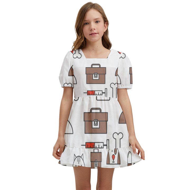 Vector Thin Line Art Vet Seamless Pattern Kids  Short Sleeve Dolly Dress