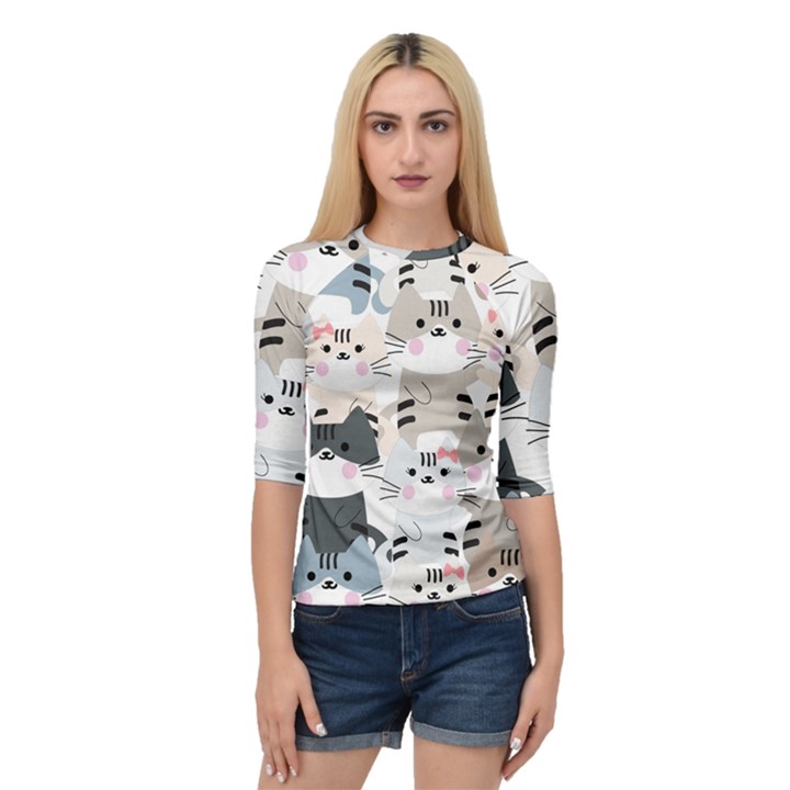 Cute Cat Couple Seamless Pattern Cartoon Quarter Sleeve Raglan Tee