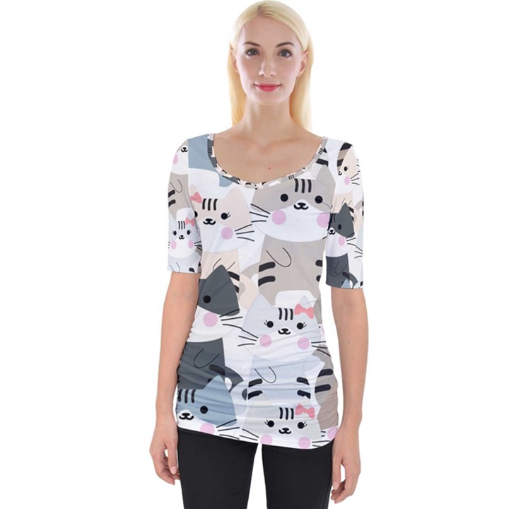 Cute Cat Couple Seamless Pattern Cartoon Wide Neckline Tee