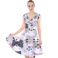 Cute Cat Couple Seamless Pattern Cartoon Cap Sleeve Front Wrap Midi Dress by Simbadda