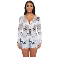 Cute Cat Couple Seamless Pattern Cartoon Long Sleeve Boyleg Swimsuit by Simbadda