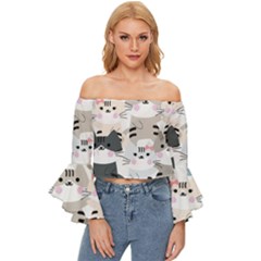 Cute Cat Couple Seamless Pattern Cartoon Off Shoulder Flutter Bell Sleeve Top by Simbadda