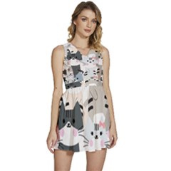 Cute Cat Couple Seamless Pattern Cartoon Sleeveless High Waist Mini Dress by Simbadda