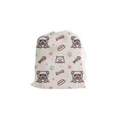 Pug-dog-cat-with-bone-fish-bones-paw-prints-ball-seamless-pattern-vector-background Drawstring Pouch (small) by Simbadda