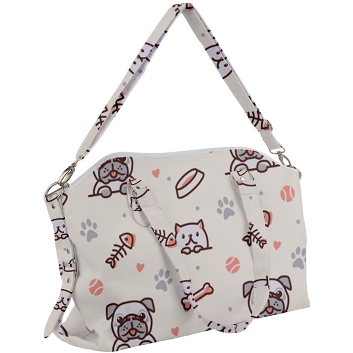 Pug-dog-cat-with-bone-fish-bones-paw-prints-ball-seamless-pattern-vector-background Canvas Crossbody Bag