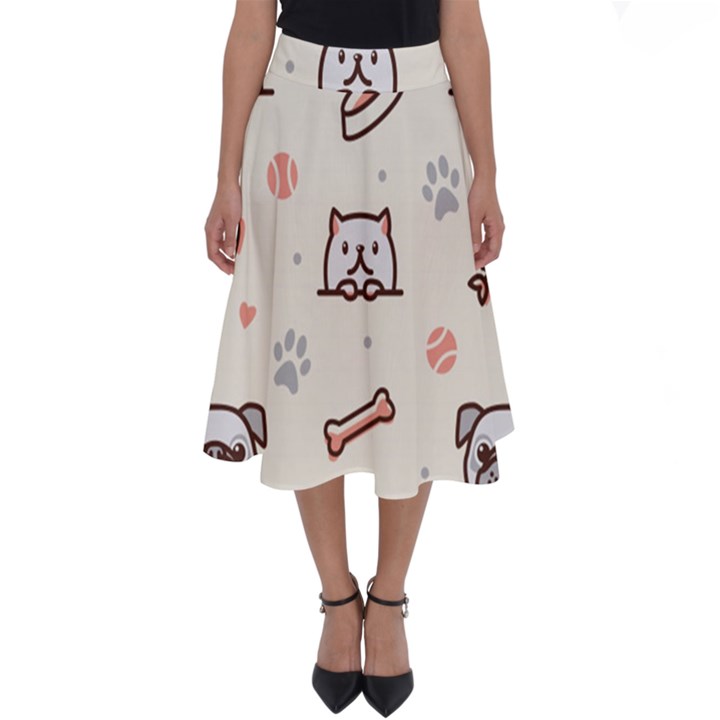 Pug-dog-cat-with-bone-fish-bones-paw-prints-ball-seamless-pattern-vector-background Perfect Length Midi Skirt