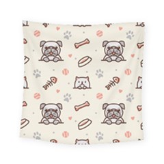 Pug-dog-cat-with-bone-fish-bones-paw-prints-ball-seamless-pattern-vector-background Square Tapestry (small) by Simbadda