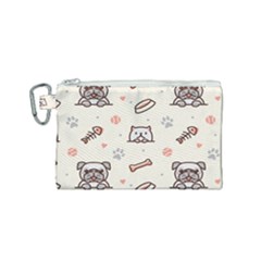 Pug-dog-cat-with-bone-fish-bones-paw-prints-ball-seamless-pattern-vector-background Canvas Cosmetic Bag (small) by Simbadda