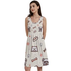 Pug-dog-cat-with-bone-fish-bones-paw-prints-ball-seamless-pattern-vector-background Classic Skater Dress