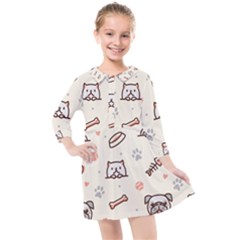 Pug-dog-cat-with-bone-fish-bones-paw-prints-ball-seamless-pattern-vector-background Kids  Quarter Sleeve Shirt Dress by Simbadda