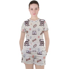 Pug-dog-cat-with-bone-fish-bones-paw-prints-ball-seamless-pattern-vector-background Women s Tee And Shorts Set