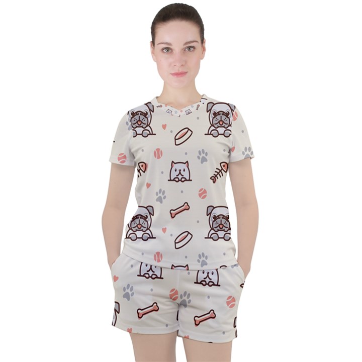 Pug-dog-cat-with-bone-fish-bones-paw-prints-ball-seamless-pattern-vector-background Women s Tee and Shorts Set