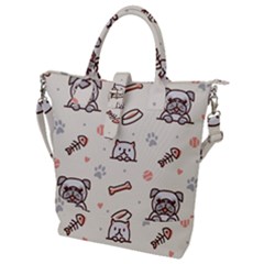 Pug-dog-cat-with-bone-fish-bones-paw-prints-ball-seamless-pattern-vector-background Buckle Top Tote Bag