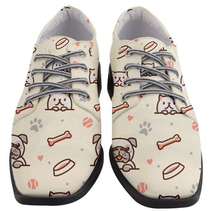 Pug-dog-cat-with-bone-fish-bones-paw-prints-ball-seamless-pattern-vector-background Women Heeled Oxford Shoes