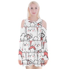 Cute-cat-chef-cooking-seamless-pattern-cartoon Velvet Long Sleeve Shoulder Cutout Dress by Simbadda