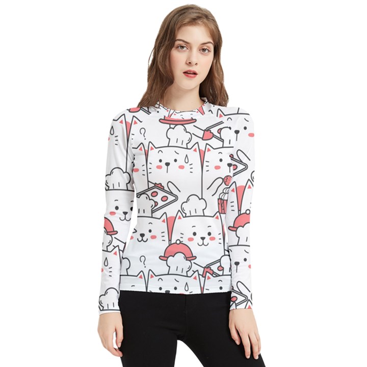 Cute-cat-chef-cooking-seamless-pattern-cartoon Women s Long Sleeve Rash Guard