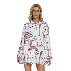 Cute-cat-chef-cooking-seamless-pattern-cartoon Round Neck Long Sleeve Bohemian Style Chiffon Mini Dress by Simbadda