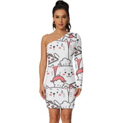 Cute-cat-chef-cooking-seamless-pattern-cartoon Long Sleeve One Shoulder Mini Dress by Simbadda