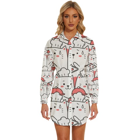 Cute-cat-chef-cooking-seamless-pattern-cartoon Womens Long Sleeve Shirt Dress by Simbadda