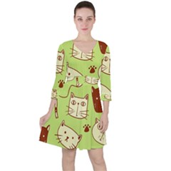 Cute-hand-drawn-cat-seamless-pattern Quarter Sleeve Ruffle Waist Dress by Simbadda