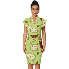 Cute-hand-drawn-cat-seamless-pattern Vintage Frill Sleeve V-neck Bodycon Dress by Simbadda