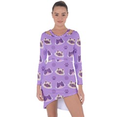 Cute-colorful-cat-kitten-with-paw-yarn-ball-seamless-pattern Asymmetric Cut-out Shift Dress by Simbadda