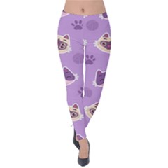 Cute-colorful-cat-kitten-with-paw-yarn-ball-seamless-pattern Velvet Leggings by Simbadda