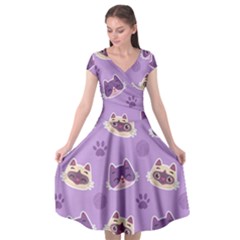 Cute-colorful-cat-kitten-with-paw-yarn-ball-seamless-pattern Cap Sleeve Wrap Front Dress by Simbadda