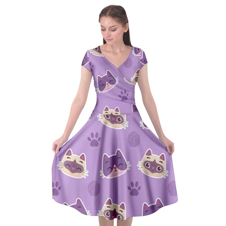 Cute-colorful-cat-kitten-with-paw-yarn-ball-seamless-pattern Cap Sleeve Wrap Front Dress