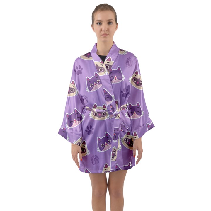 Cute-colorful-cat-kitten-with-paw-yarn-ball-seamless-pattern Long Sleeve Satin Kimono