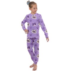 Cute-colorful-cat-kitten-with-paw-yarn-ball-seamless-pattern Kids  Long Sleeve Set  by Simbadda