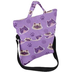 Cute-colorful-cat-kitten-with-paw-yarn-ball-seamless-pattern Fold Over Handle Tote Bag by Simbadda