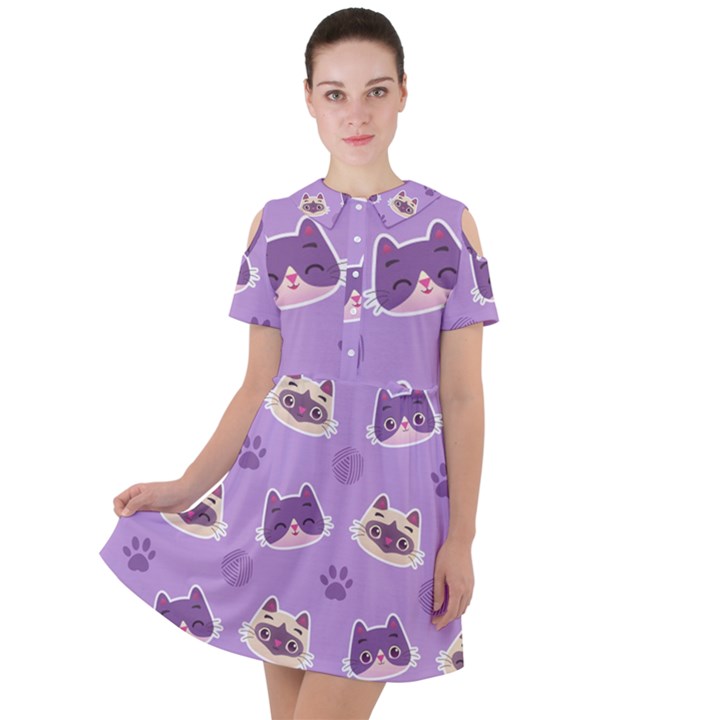 Cute-colorful-cat-kitten-with-paw-yarn-ball-seamless-pattern Short Sleeve Shoulder Cut Out Dress 