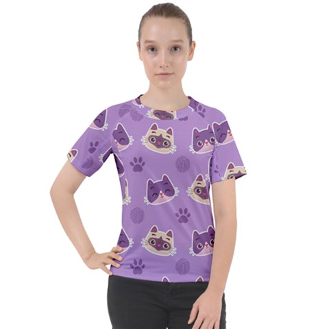 Cute-colorful-cat-kitten-with-paw-yarn-ball-seamless-pattern Women s Sport Raglan Tee by Simbadda