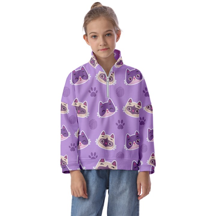 Cute-colorful-cat-kitten-with-paw-yarn-ball-seamless-pattern Kids  Half Zip Hoodie