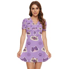 Cute-colorful-cat-kitten-with-paw-yarn-ball-seamless-pattern V-neck High Waist Chiffon Mini Dress by Simbadda