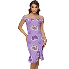 Cute-colorful-cat-kitten-with-paw-yarn-ball-seamless-pattern Off Shoulder Ruffle Split Hem Bodycon Dress by Simbadda