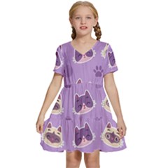 Cute-colorful-cat-kitten-with-paw-yarn-ball-seamless-pattern Kids  Short Sleeve Tiered Mini Dress by Simbadda