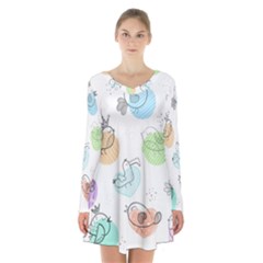 Cartoon-bird-cute-doodle-bird Long Sleeve Velvet V-neck Dress by Simbadda