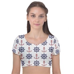 Nautical-seamless-pattern Velvet Short Sleeve Crop Top  by Simbadda