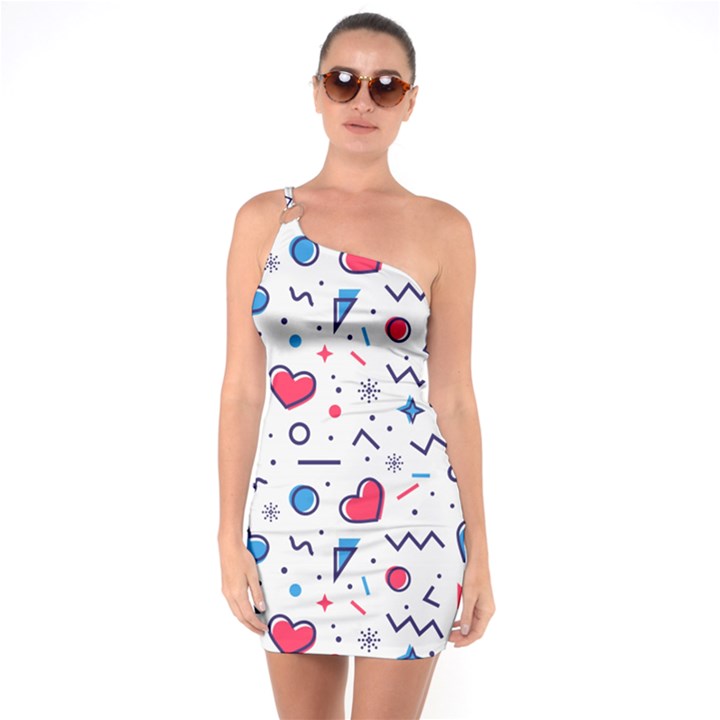 Hearts-seamless-pattern-memphis-style One Shoulder Ring Trim Bodycon Dress