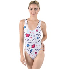 Hearts-seamless-pattern-memphis-style High Leg Strappy Swimsuit by Simbadda