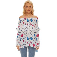 Hearts-seamless-pattern-memphis-style Off Shoulder Chiffon Pocket Shirt