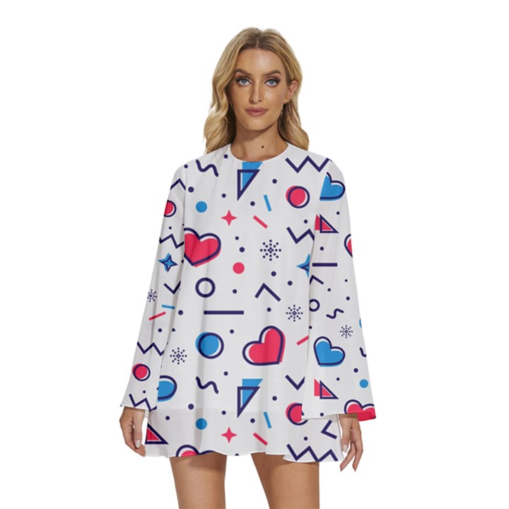 Hearts-seamless-pattern-memphis-style Round Neck Long Sleeve Bohemian Style Chiffon Mini Dress