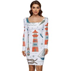 Nautical-elements-pattern-background Women Long Sleeve Ruched Stretch Jersey Dress by Simbadda