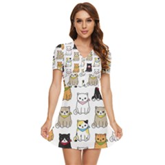 Cat-kitten-seamless-pattern V-neck High Waist Chiffon Mini Dress by Simbadda