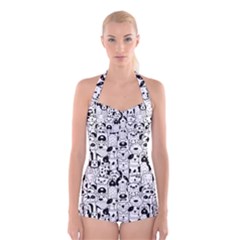 Seamless-pattern-with-black-white-doodle-dogs Boyleg Halter Swimsuit  by Simbadda