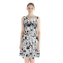 Seamless-pattern-with-black-white-doodle-dogs Sleeveless Waist Tie Chiffon Dress by Simbadda