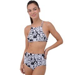 Seamless-pattern-with-black-white-doodle-dogs Halter Tankini Set by Simbadda